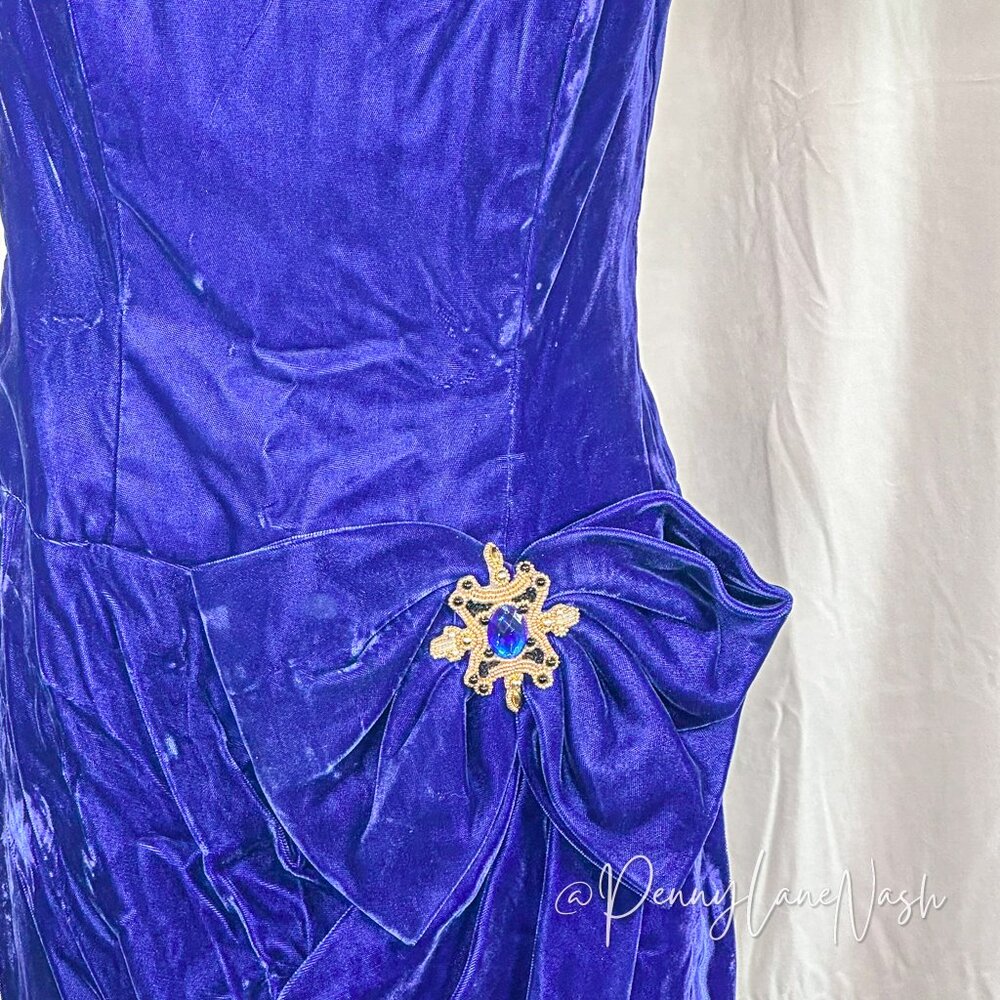 Vintage Alex Evenings Velvet Puff Sleeve Cocktail Dress Blue - Picture 4 of 12